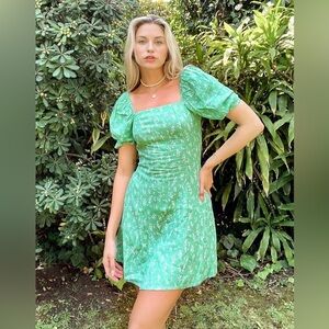 & Other Stories Puff Sleeve Mini Wrap Dress in Green Floral, Size 2